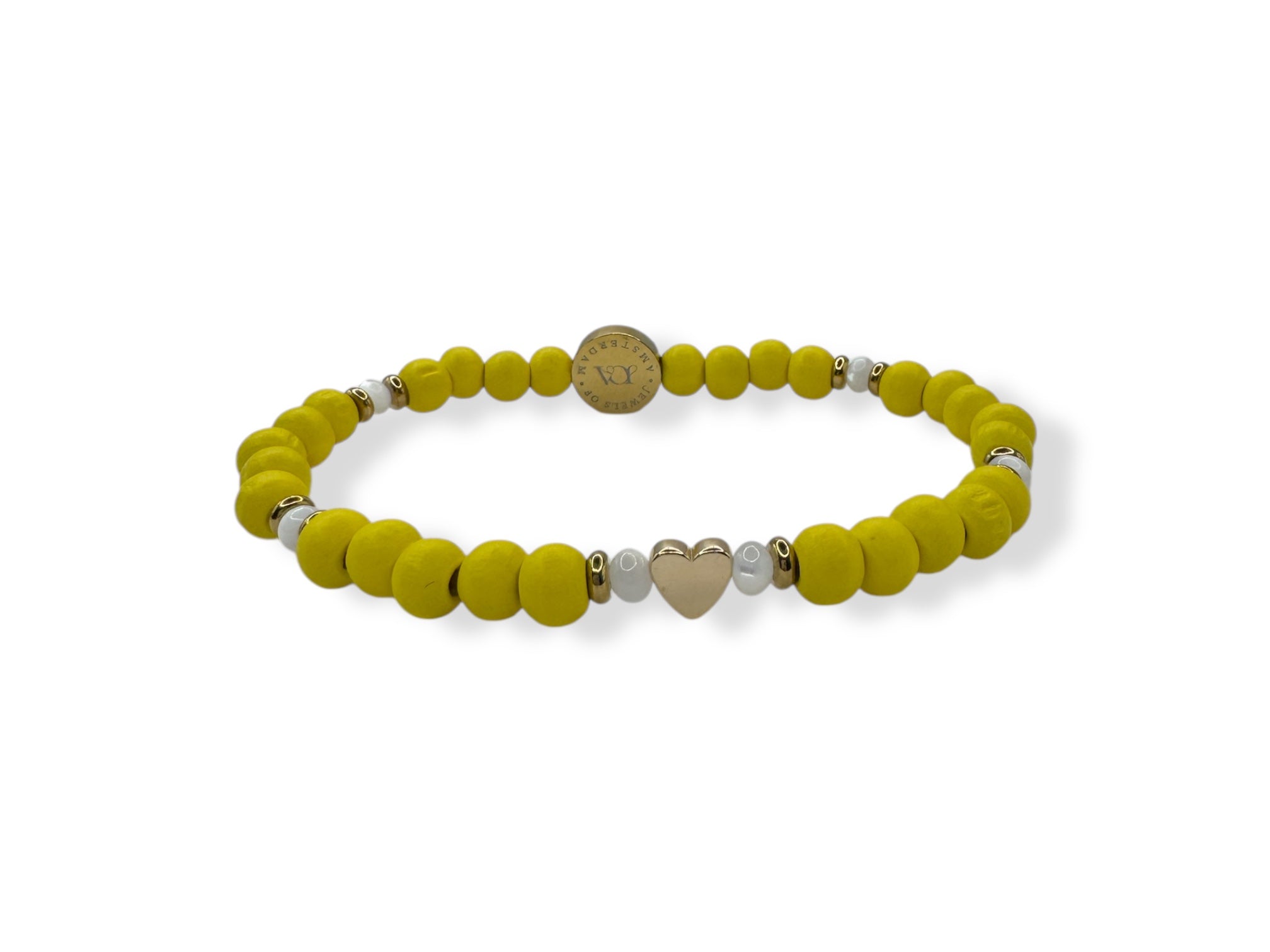 Dames gekleurde houten armband met hartje geel