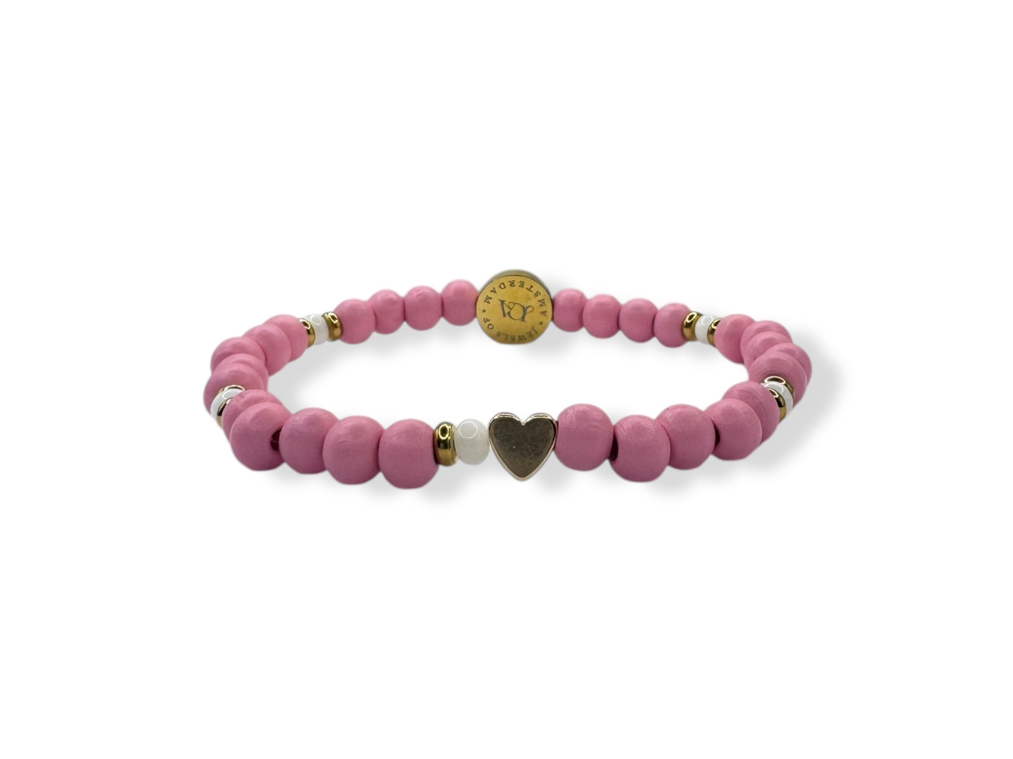 Dames gekleurde houten armband met hartje licht roze