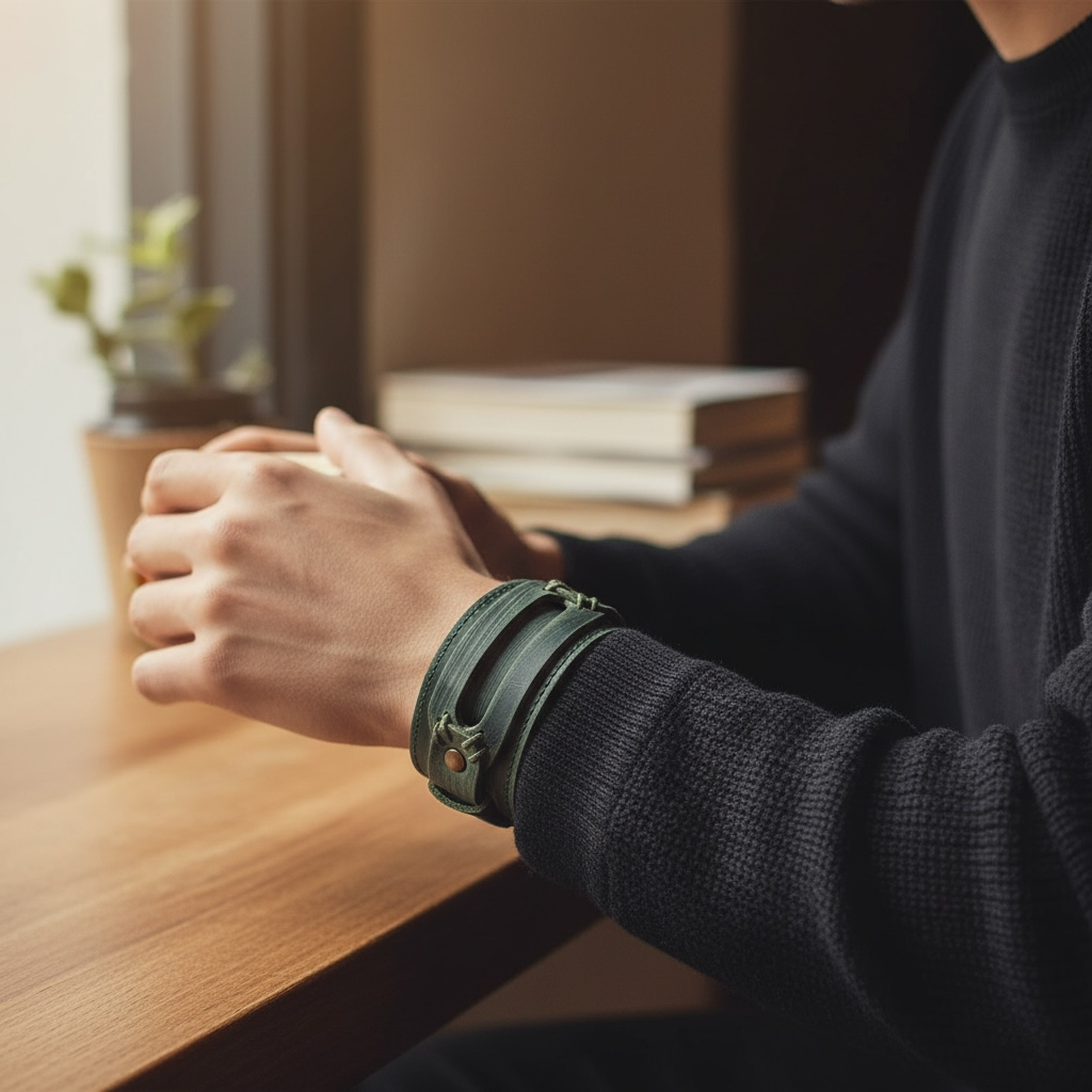 heren groen leren armband met verstelbare druk sluiting