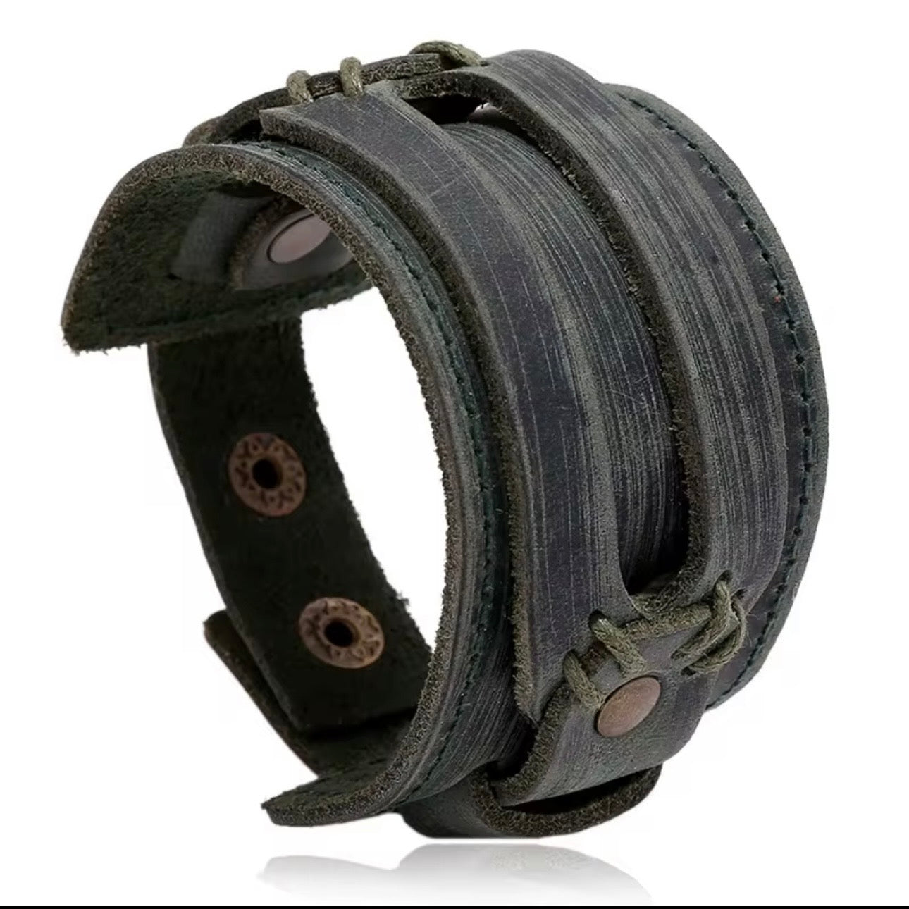 heren groen leren armband met verstelbare druk sluiting