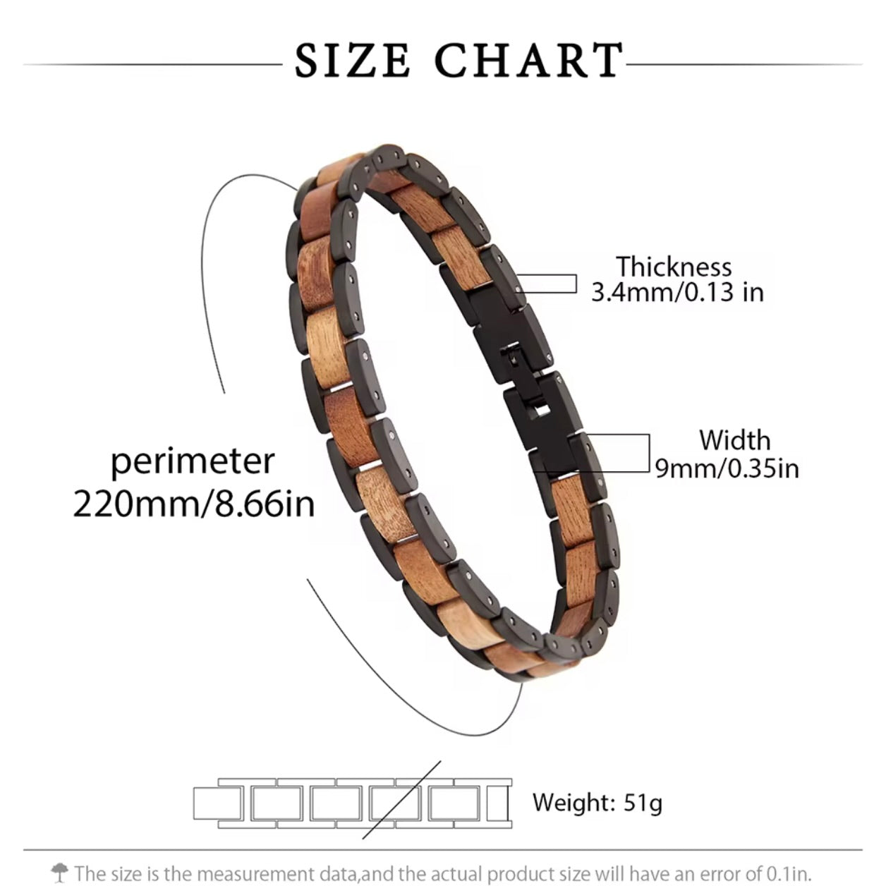 Heren zwarte edelstalen armband met houten afwerking, afmetingen