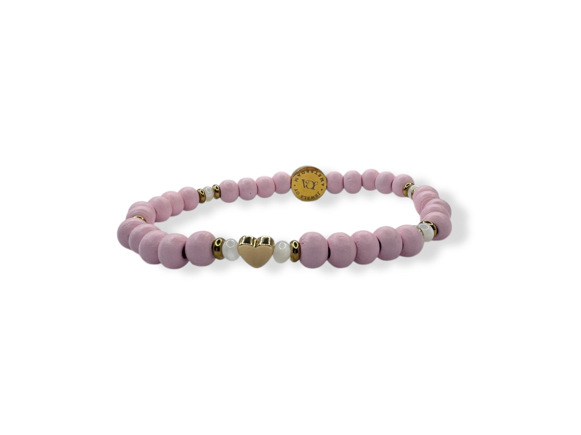 Dames gekleurde houten armband met hartje licht roze