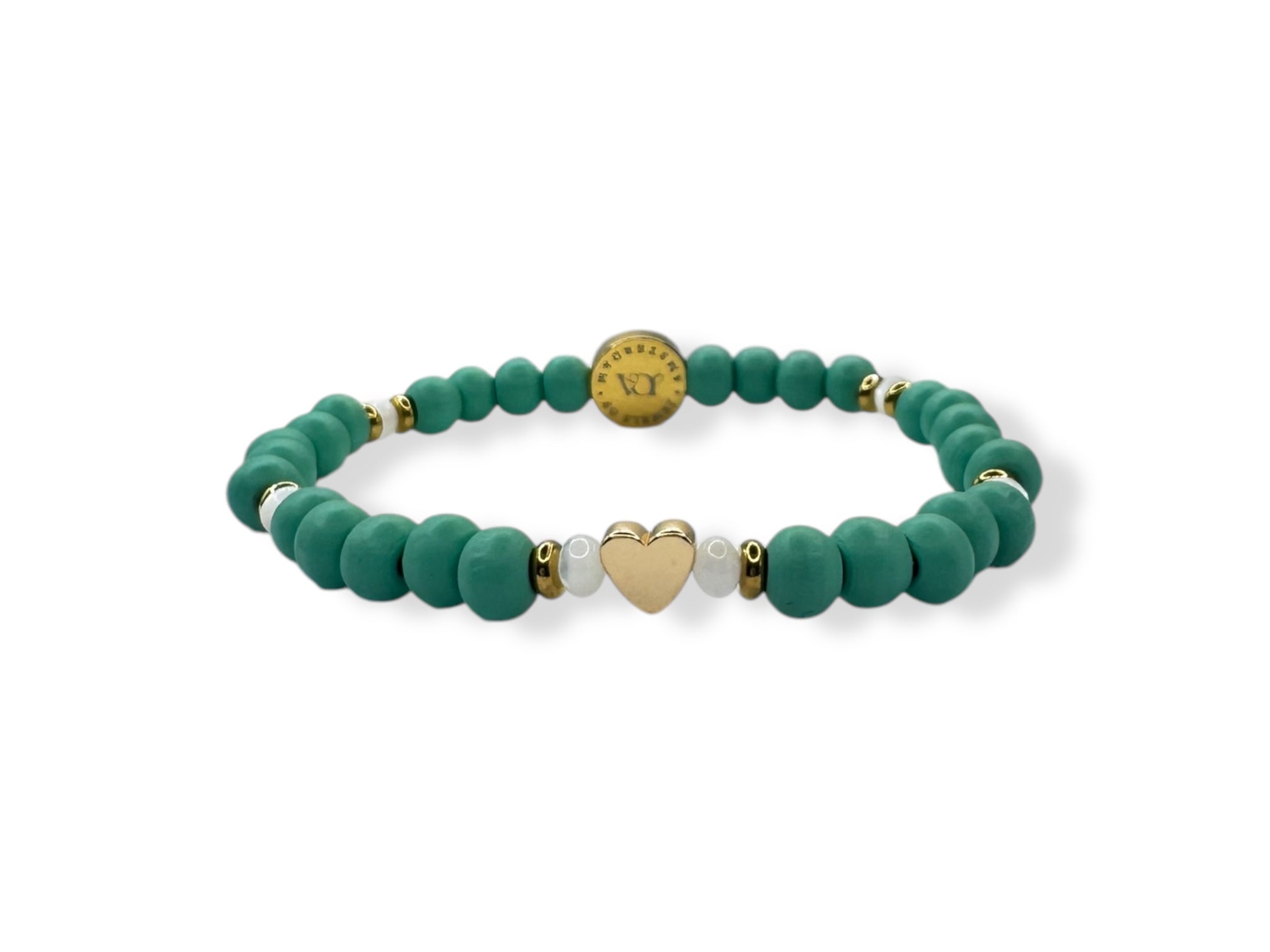 Dames gekleurde houten armband met hartje donker groen