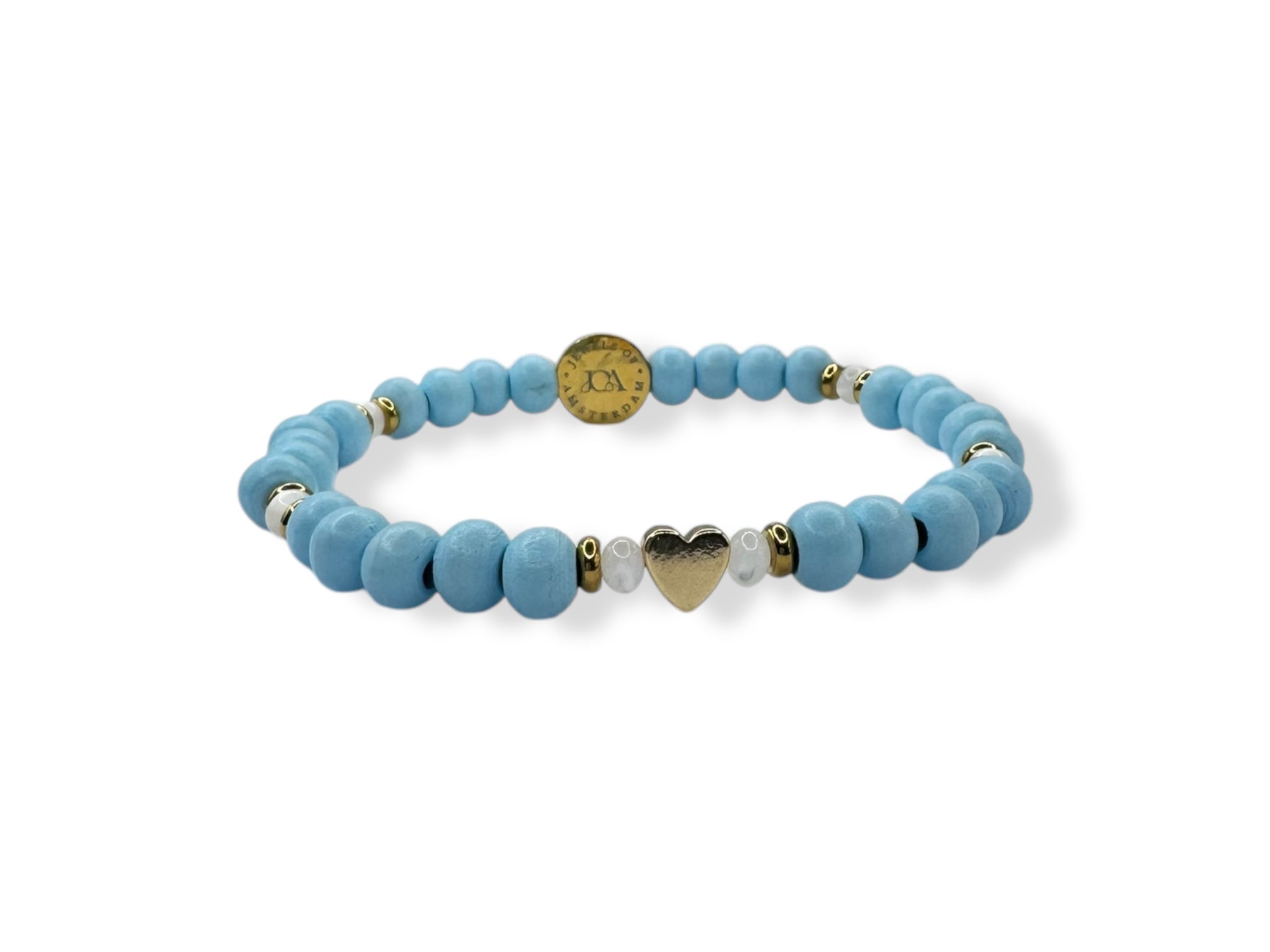 Dames gekleurde houten armband met hartje licht blauw