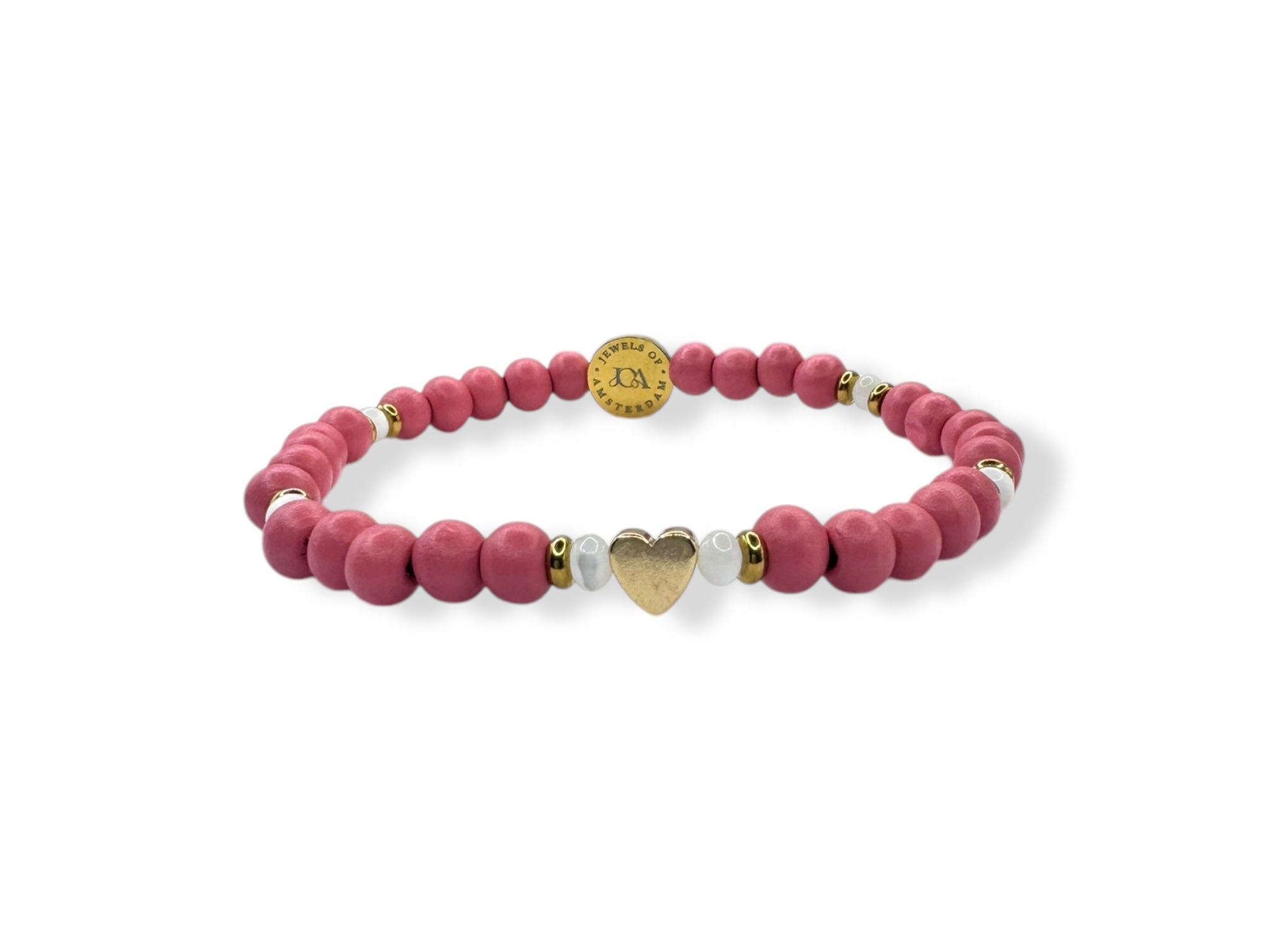 Dames gekleurde houten armband met hartje roze