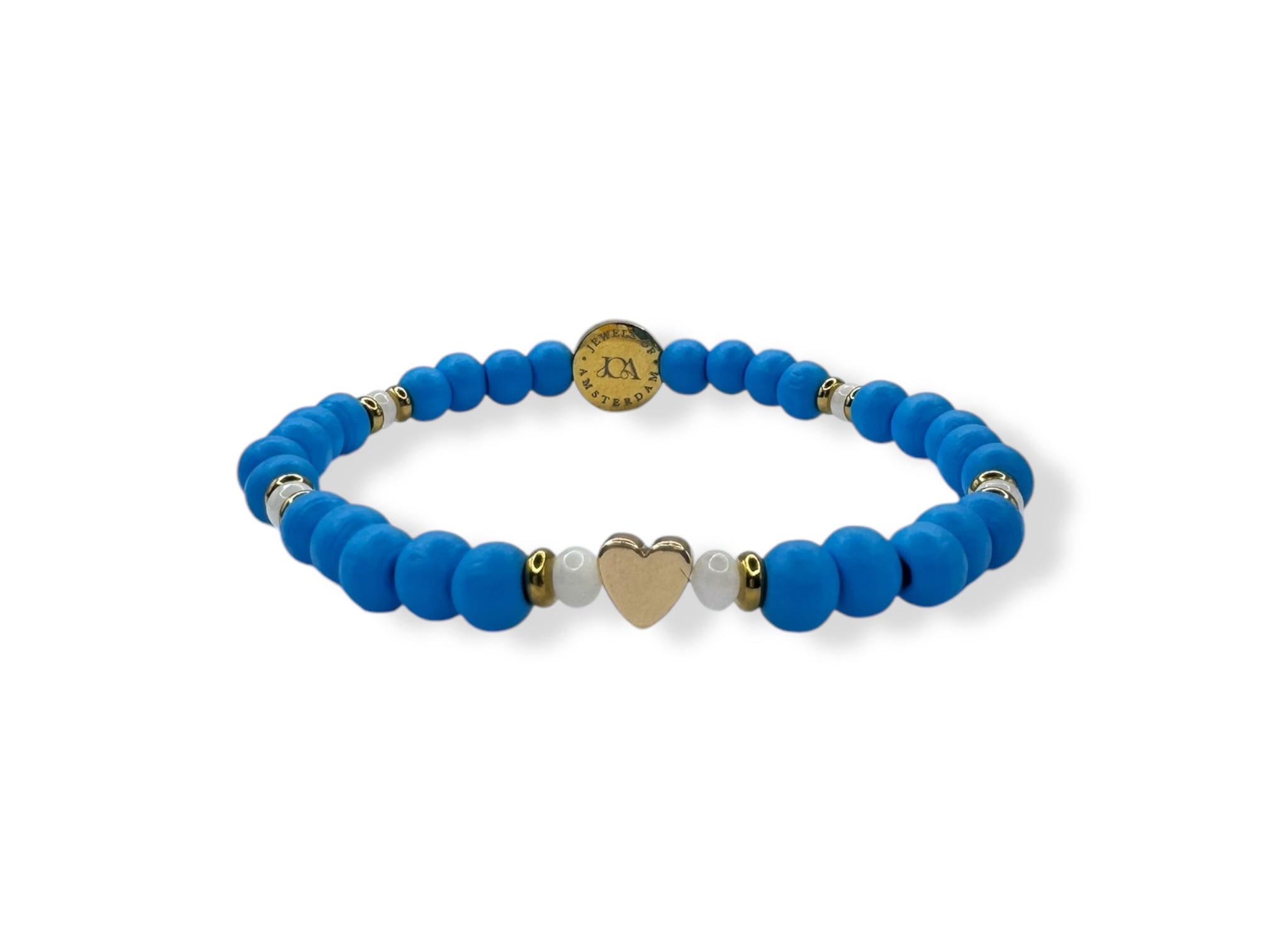 Dames gekleurde houten armband met hartje donker blauw
