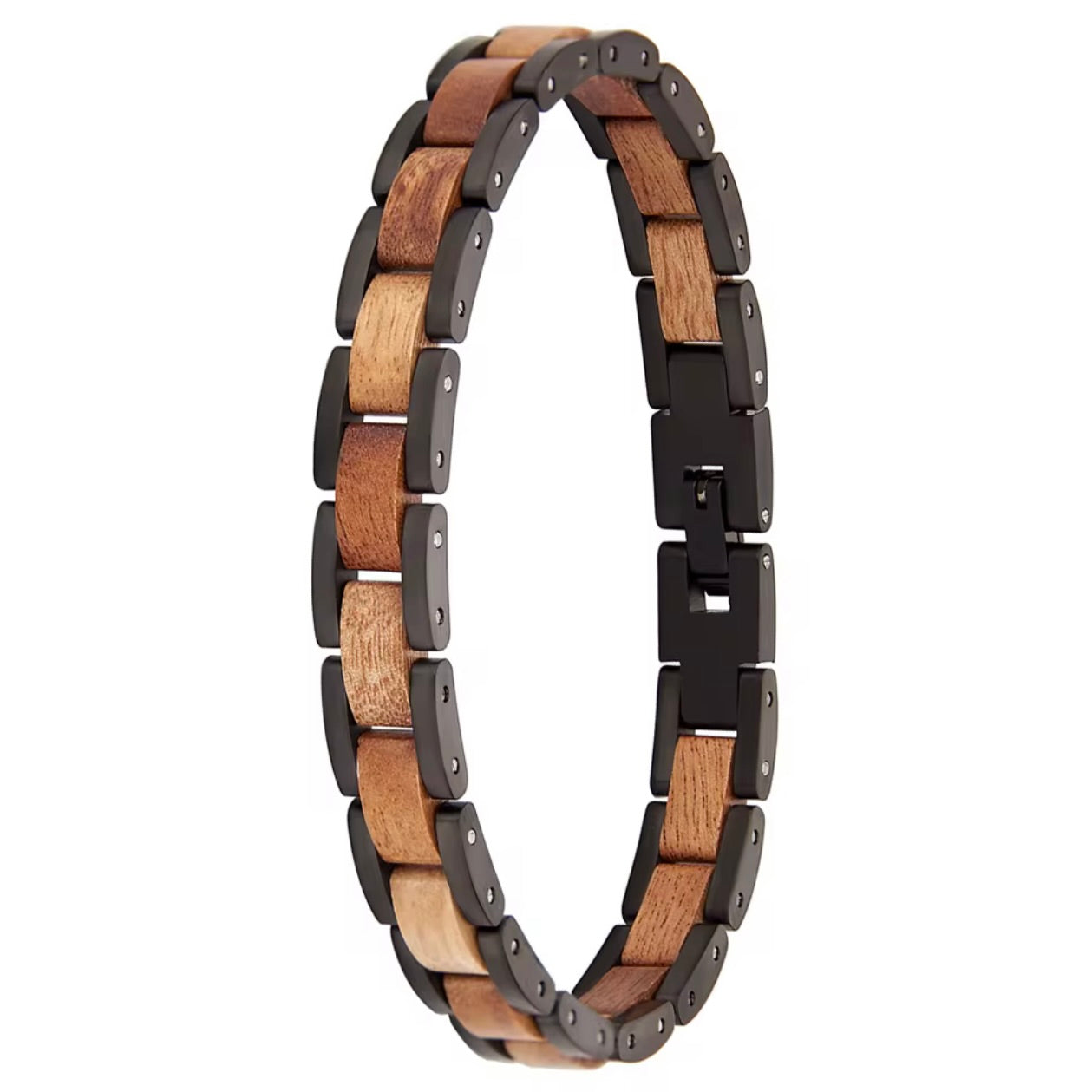 Heren zwarte edelstalen armband met houten details
