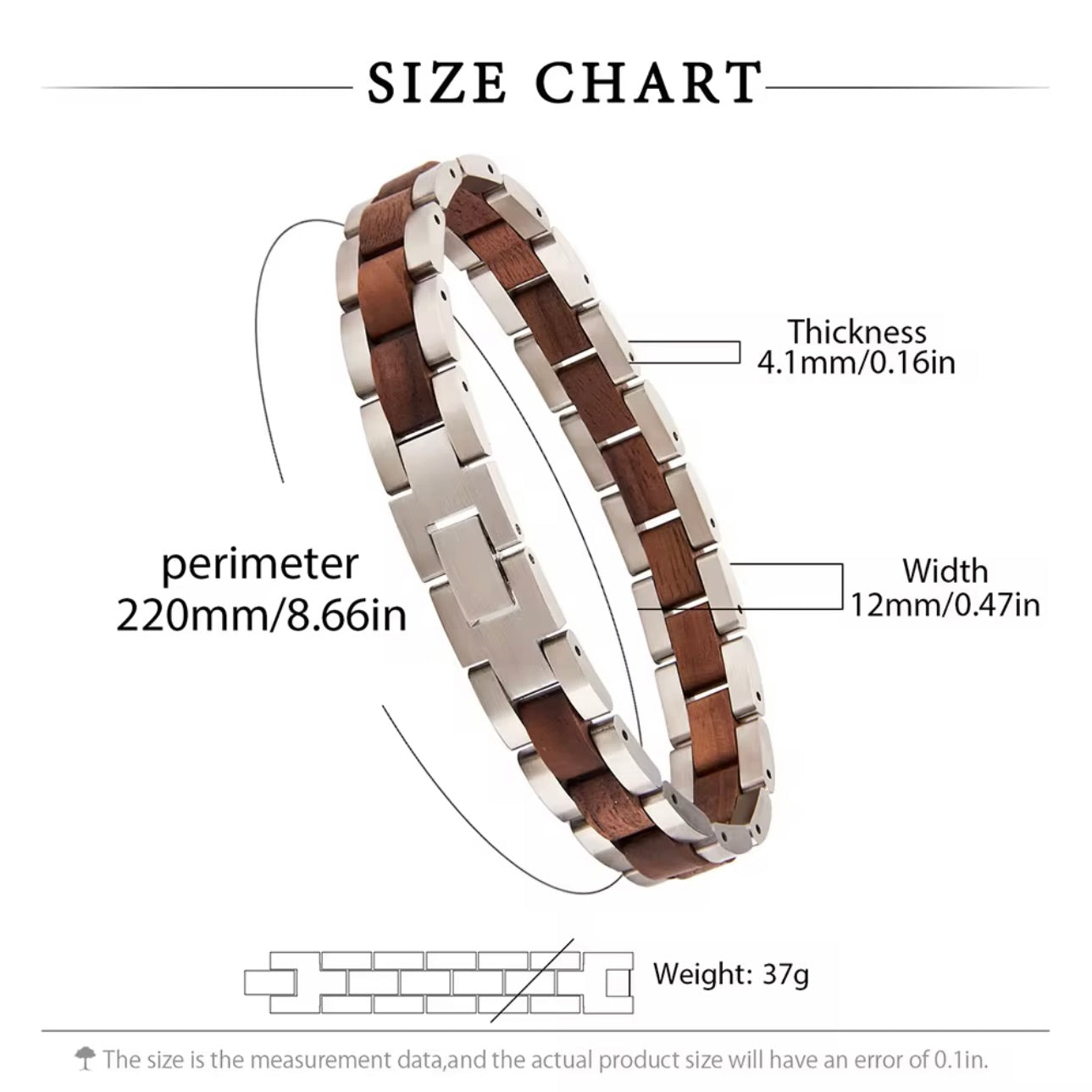 heren edelstalen armband met houten afwerking afmetingen