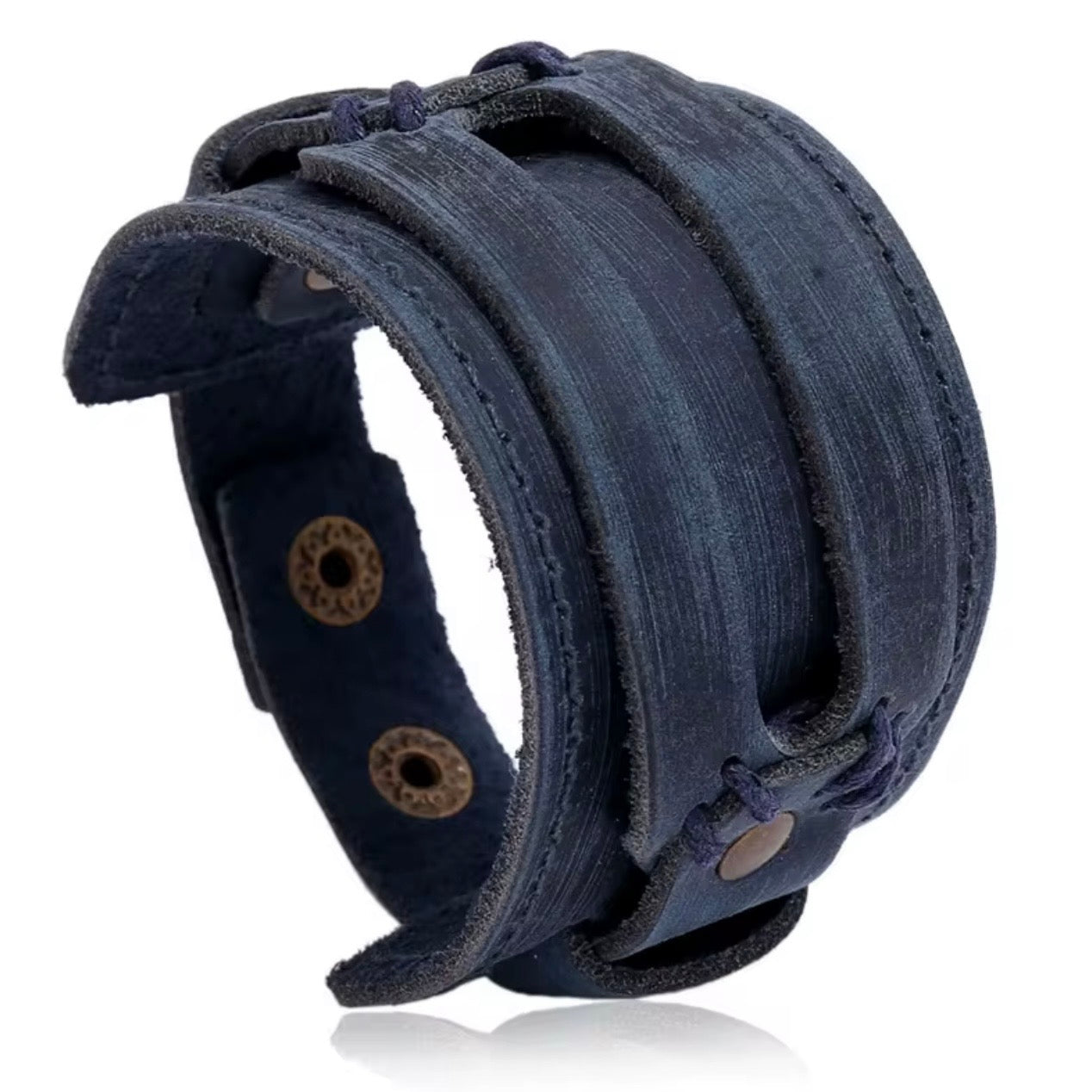 heren blauw leren armband met verstelbare druk sluiting