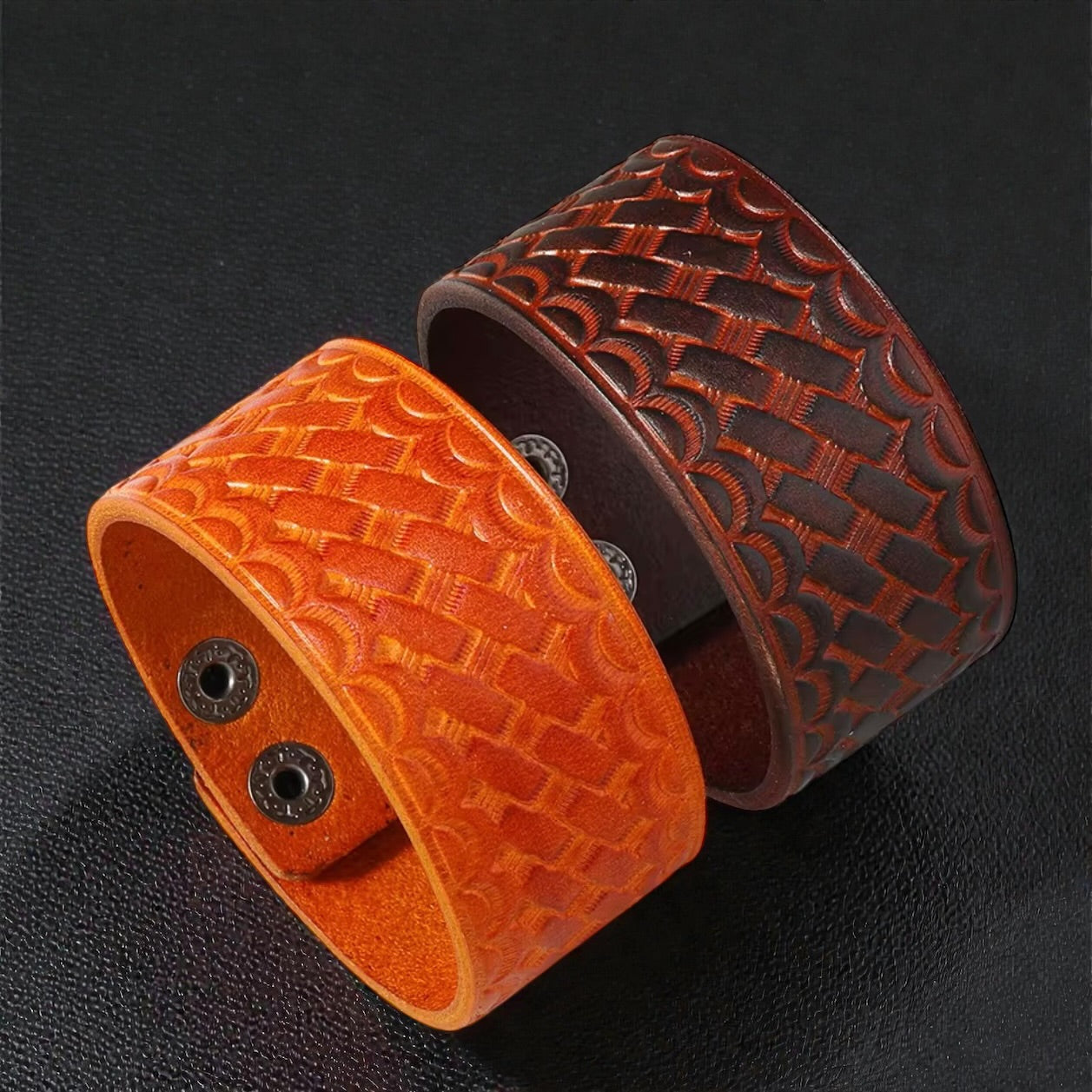 heren brede cognac en bruine leren armband met druk sluiting