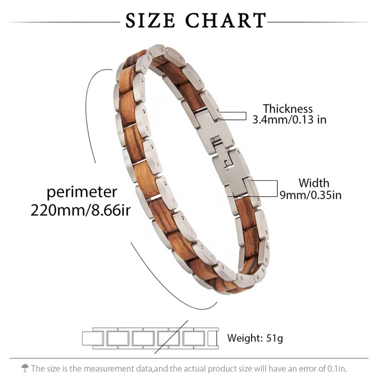 heren zilveren edelstalen armband met houten afwerkingen, afmetingen