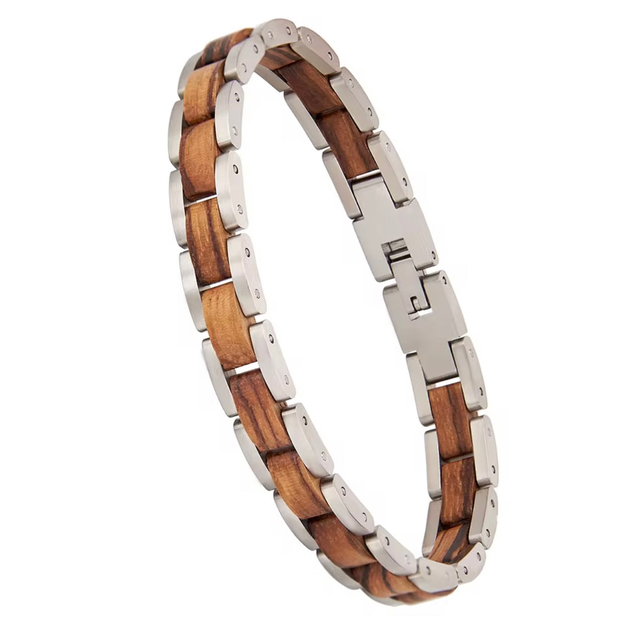 Heren edelstalen zilveren armband met houten details