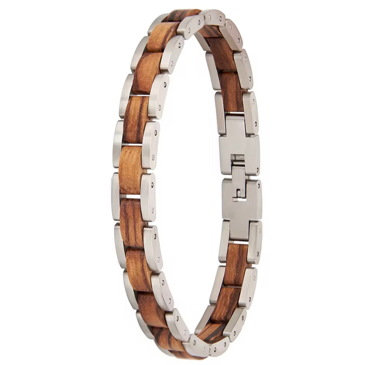 Heren zilveren edelstalen armband met houten details