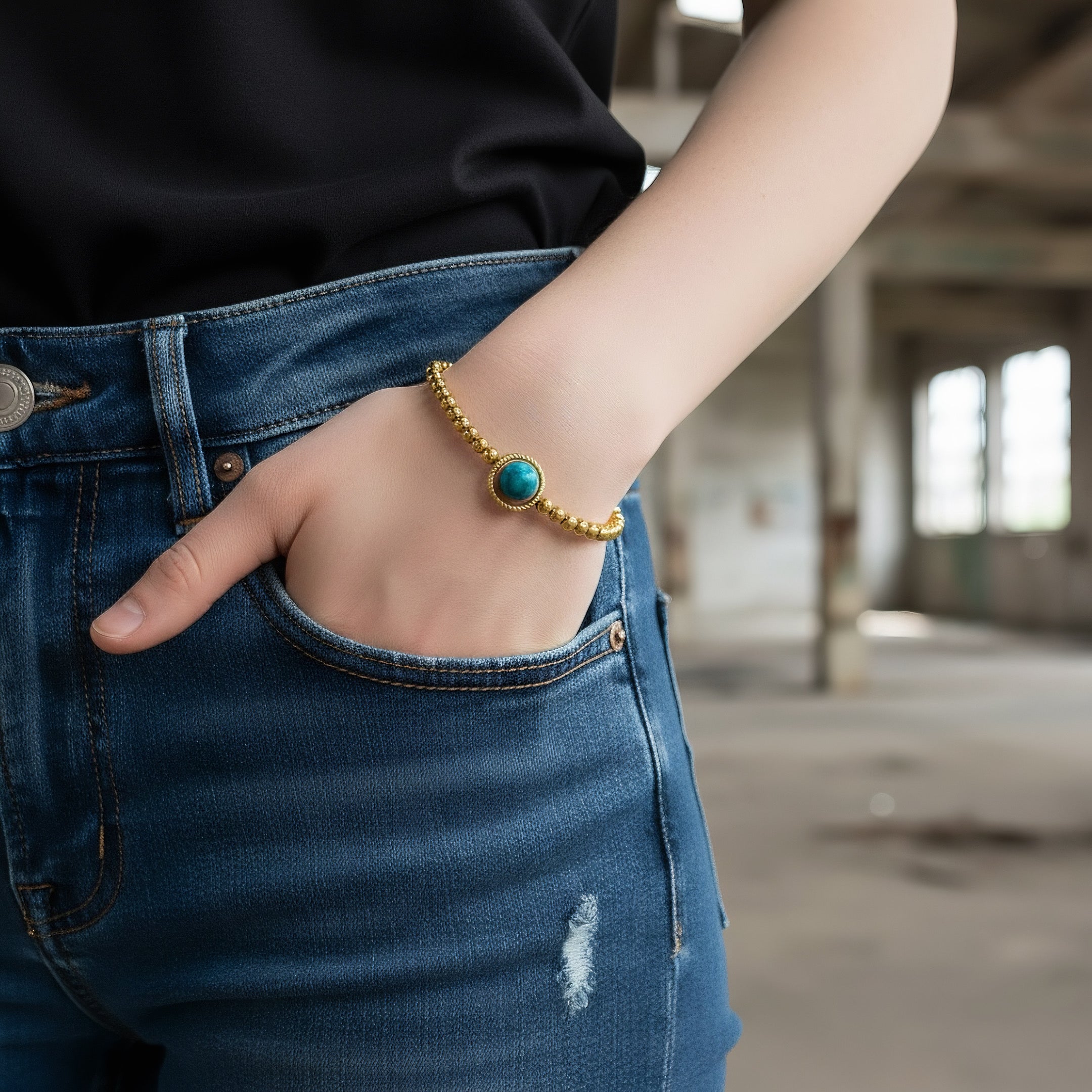 Gouden stainless steel dames Armband met turkoois edelsteen