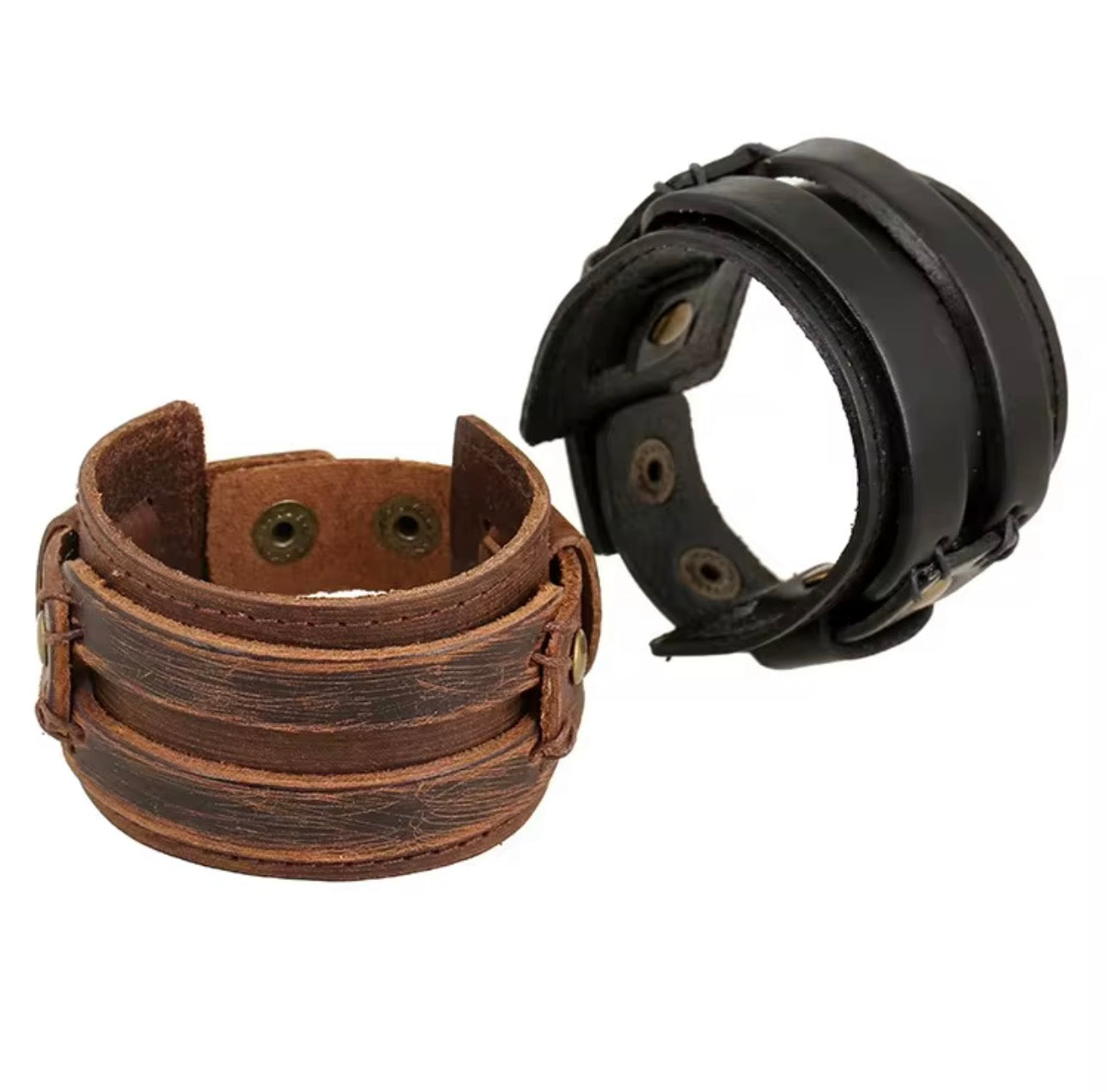 heren bruin en zwart leren armband met verstelbare druk sluiting