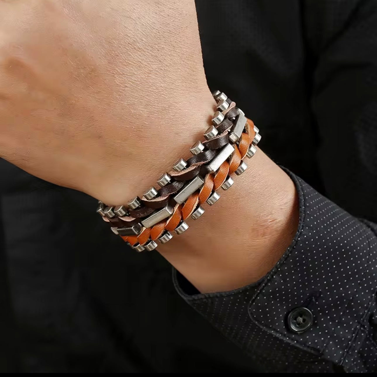 heren edelstaal met leer armband met gesp 