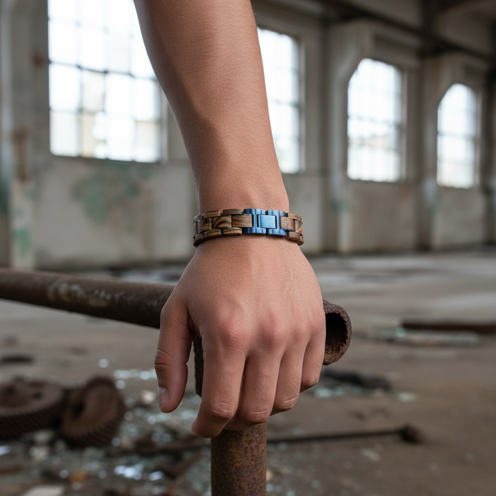 houten heren armband met blauwe edelstaal model foto 