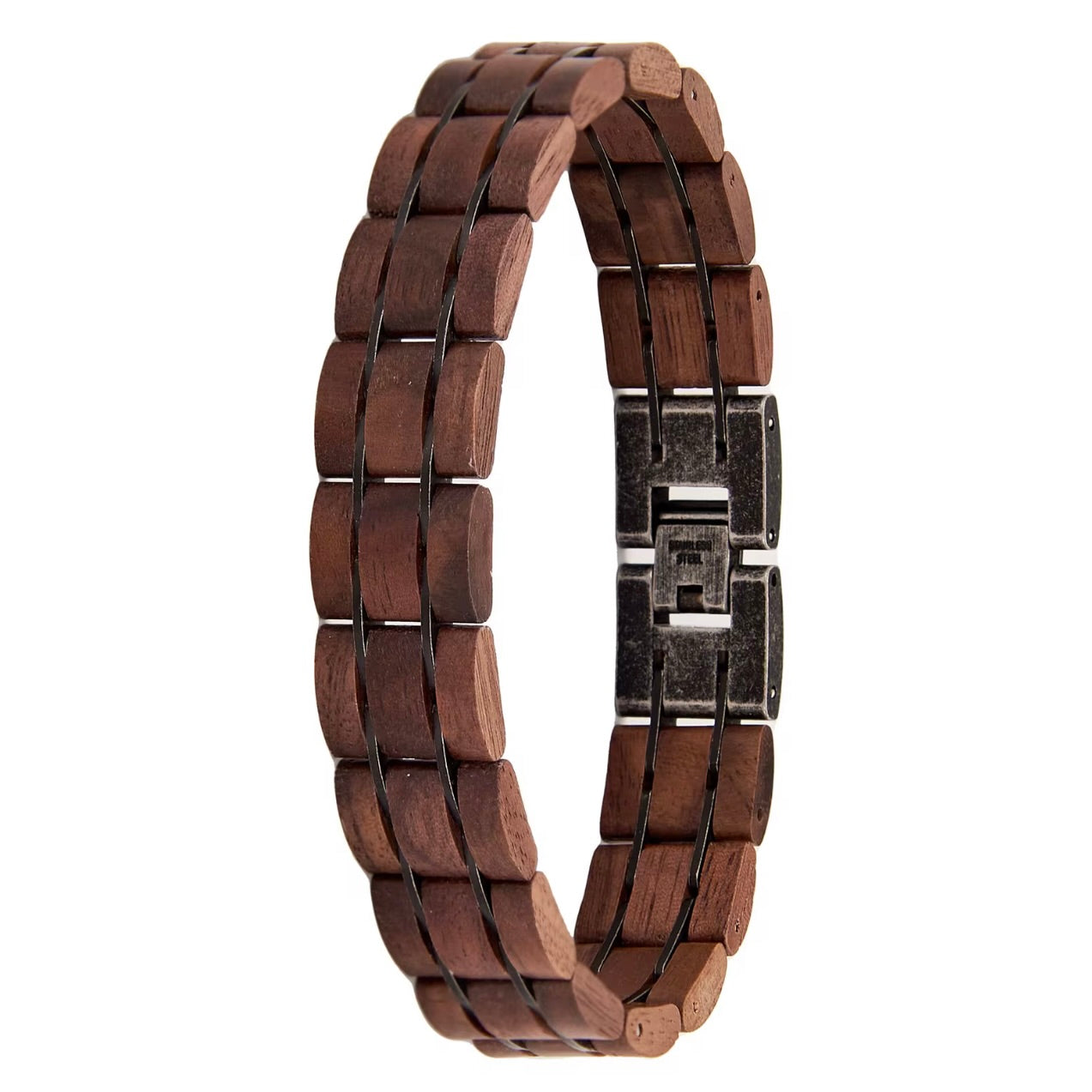 houten heren armband met zwarte edelstalen sluiting