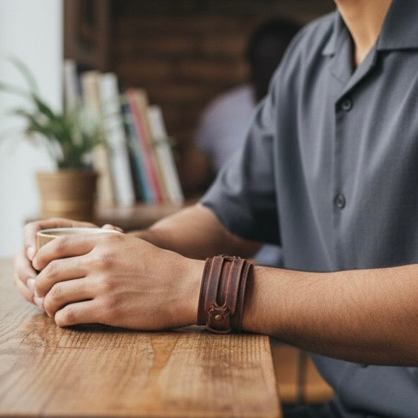 heren bruin leren armband met verstelbare druk sluiting