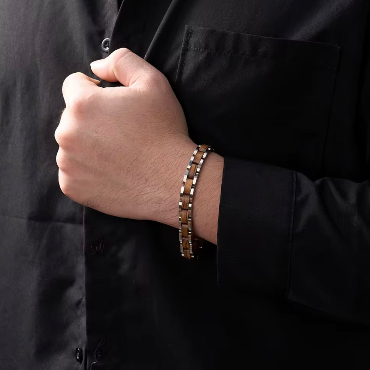 zilveren heren edelstalen armband met houten afwerking