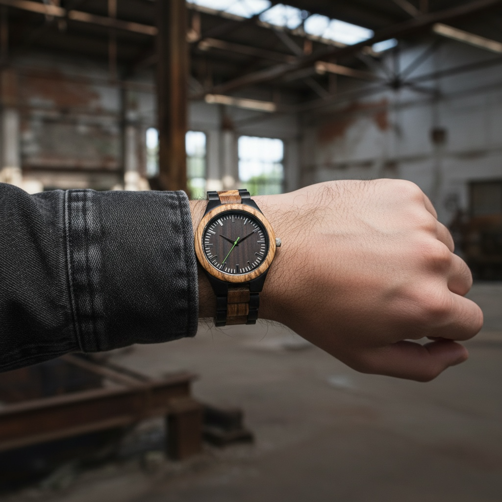 zwart met bruin houten heren horloge met zilveren details in de wijzerplaat