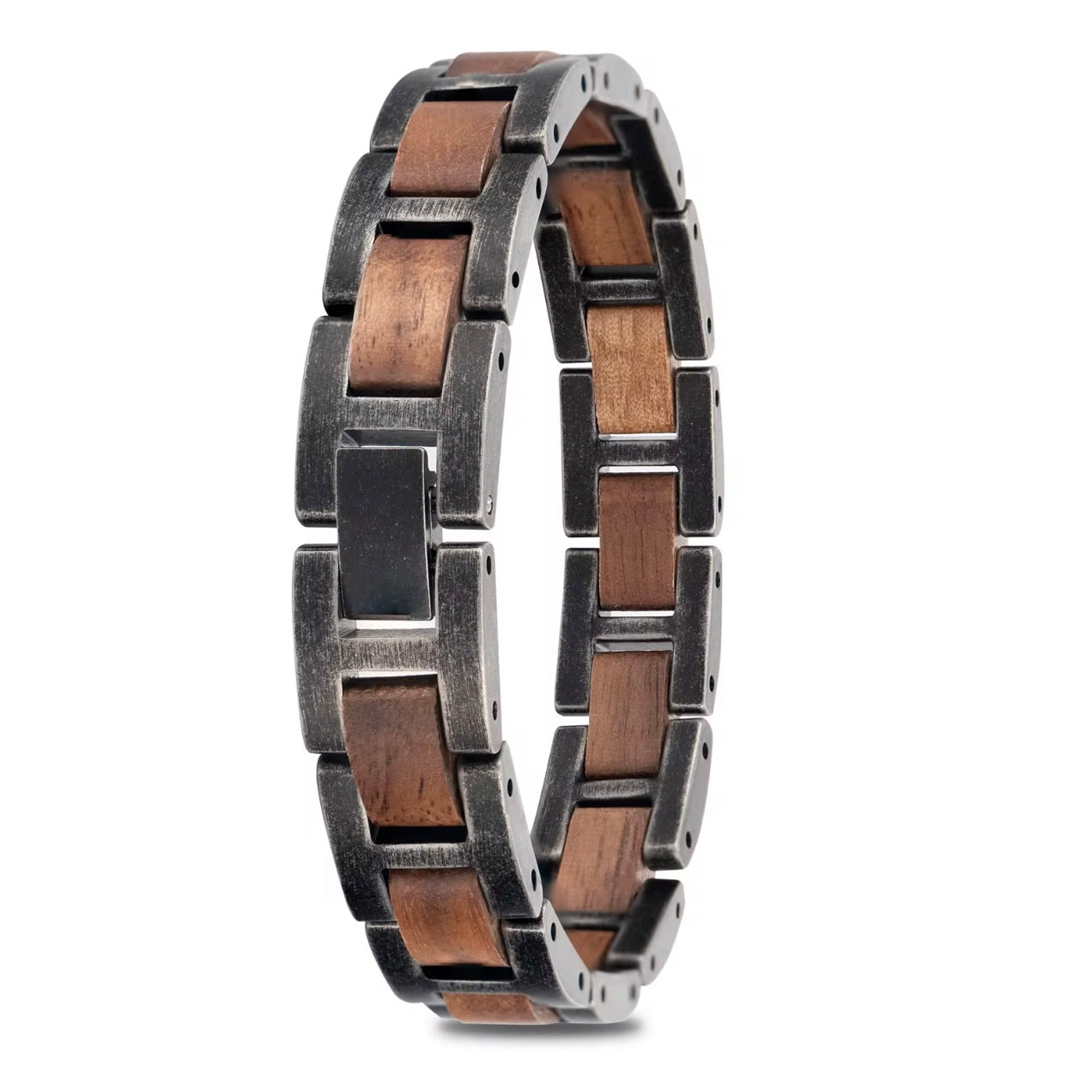Heren zwarte edelstalen armband met houten details