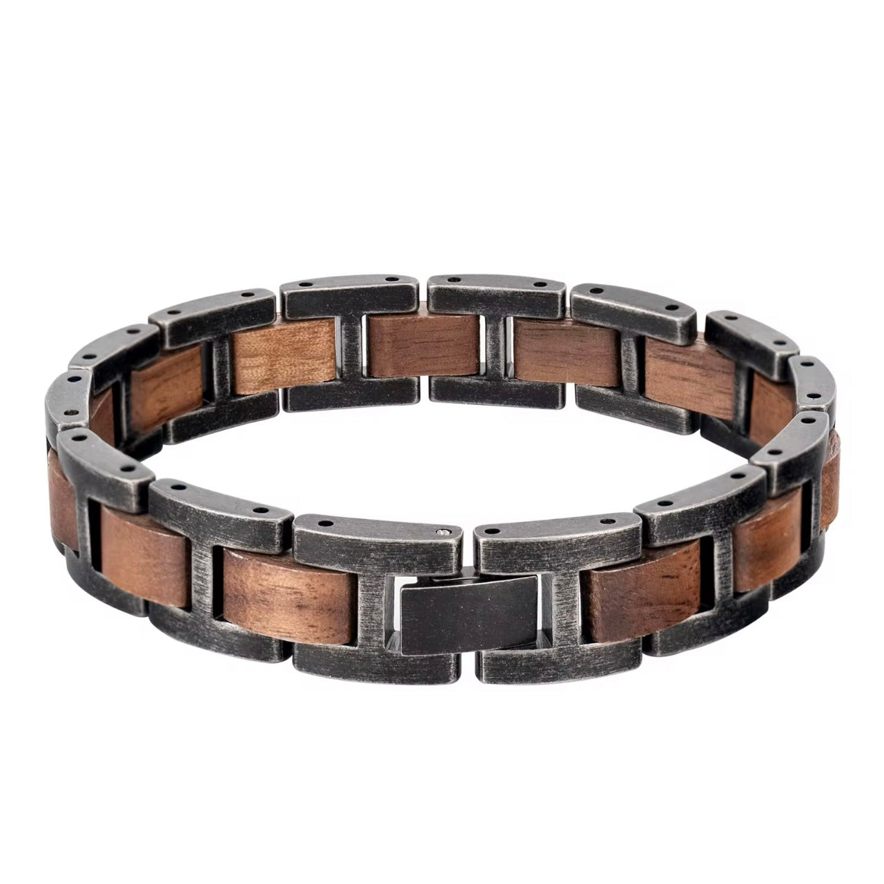 Heren zwarte edelstalen armband met houten details